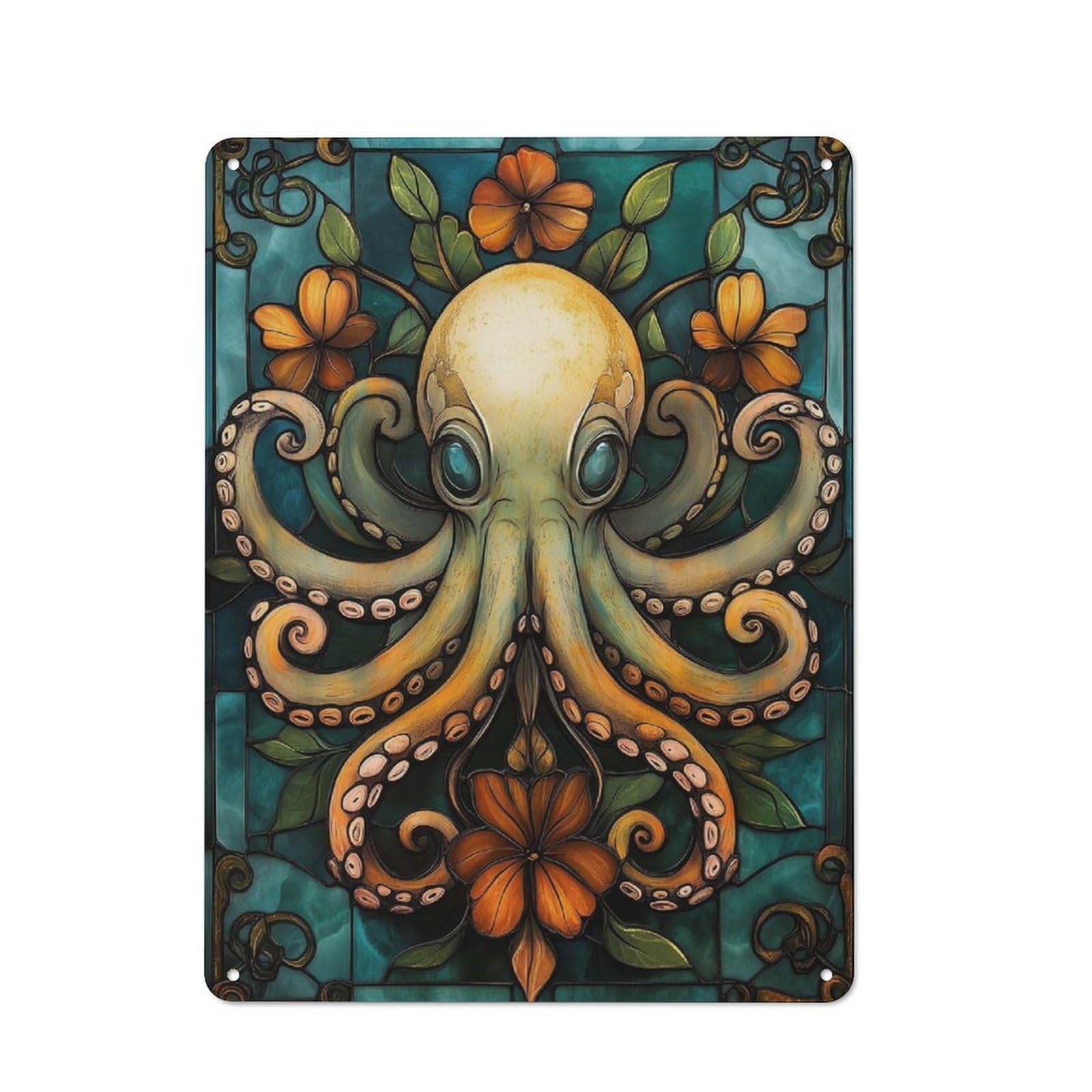 Junmoney Style-16 Octopus Stained Glass Art Retro Metal Plaque 40X30cm For Living Room Or Hallway, Suited To Hallway Decor Fans