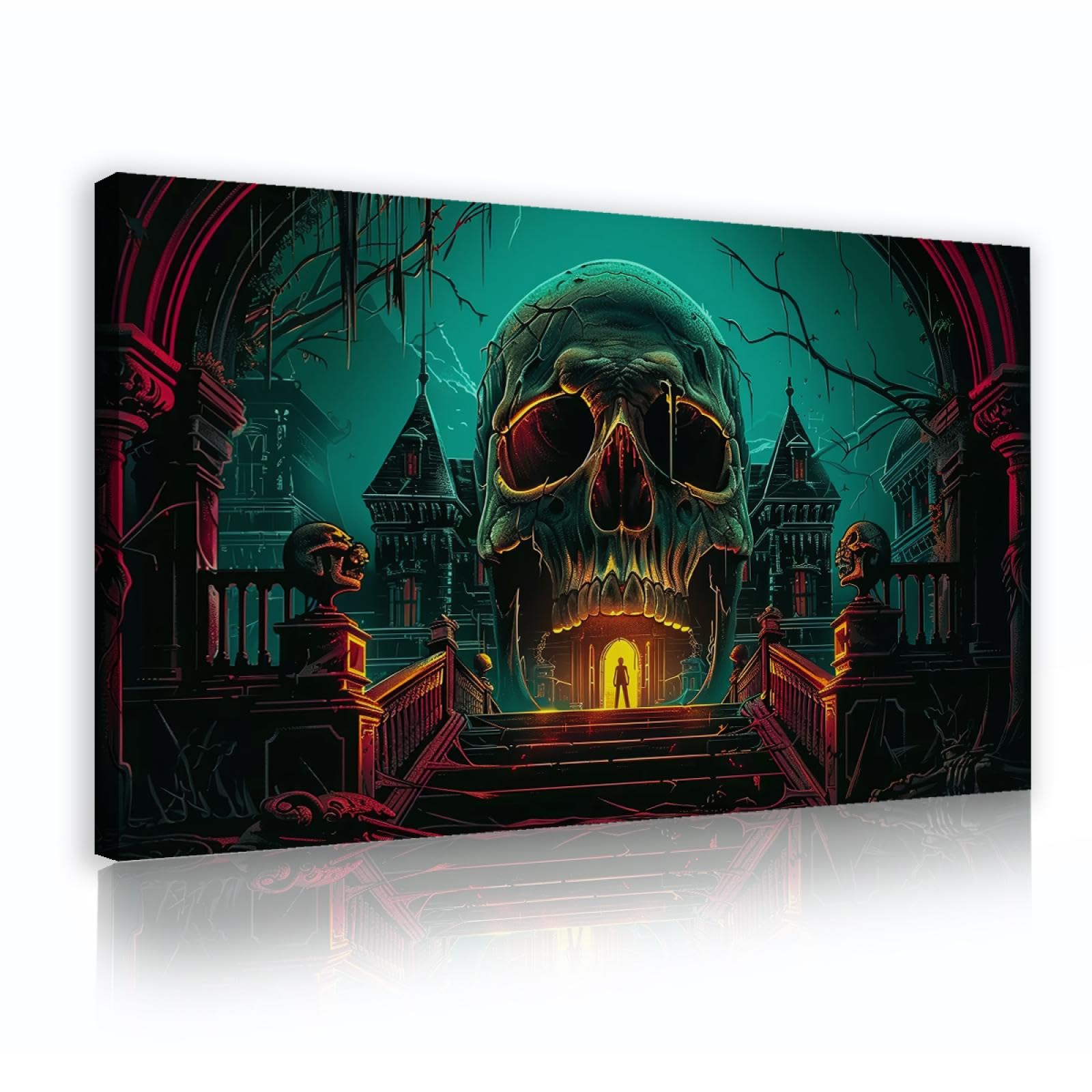 Via Vela Gothique Halloween Art Impression sur toile Dark Horror Crâne Château Scène de nuit Affiche Peinture Art mural pour Salon Chambre à coucher Décoration intérieure 55x95cm Cadre intérieur