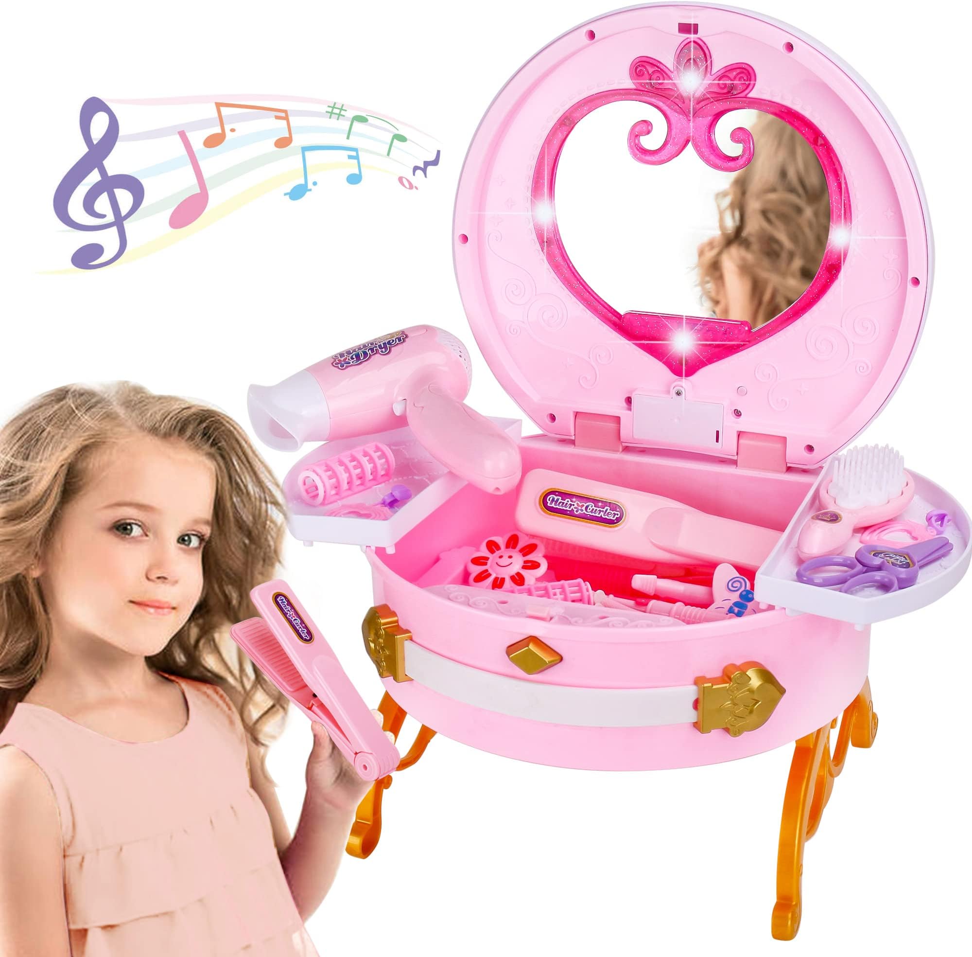 Bettina Portable Princess Vanity With Magic Mirror, Kids Makeup Vanity & Styling Tools, Lights And Sounds, Girls Toys Gifts For 3-12 Year Old Kids Toddler Birthday Gift