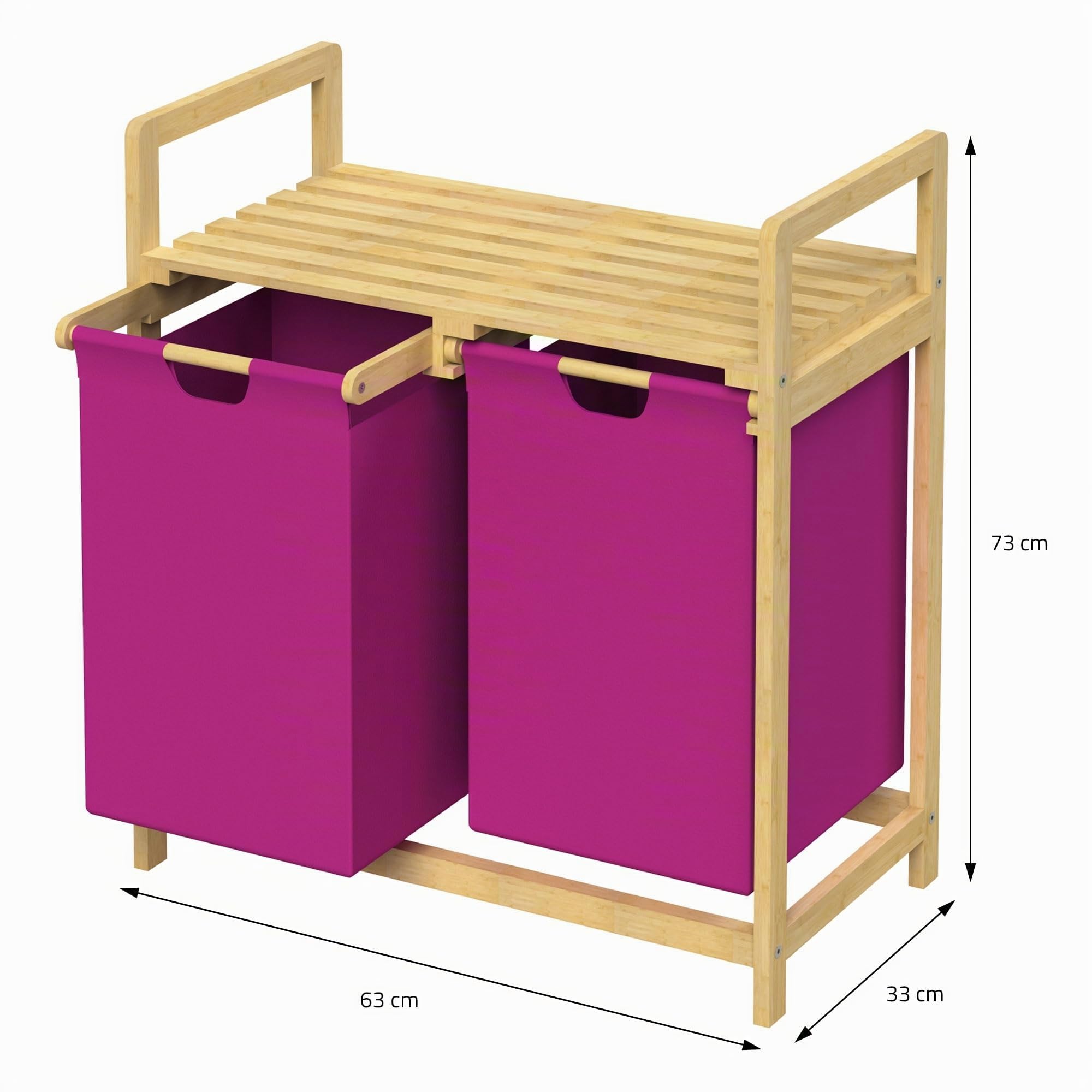 ML-Design Wäschekorb 2 Fächer, Bambus, Wäschesammler mit Ablage, Wäschesortierer 2x 30L, Wäschesäcken aus Oxford-Gewebe, ausziehbar/abnehmbar, Wäschebox mit Regal für Badezimmer & Waschküche, Magenta