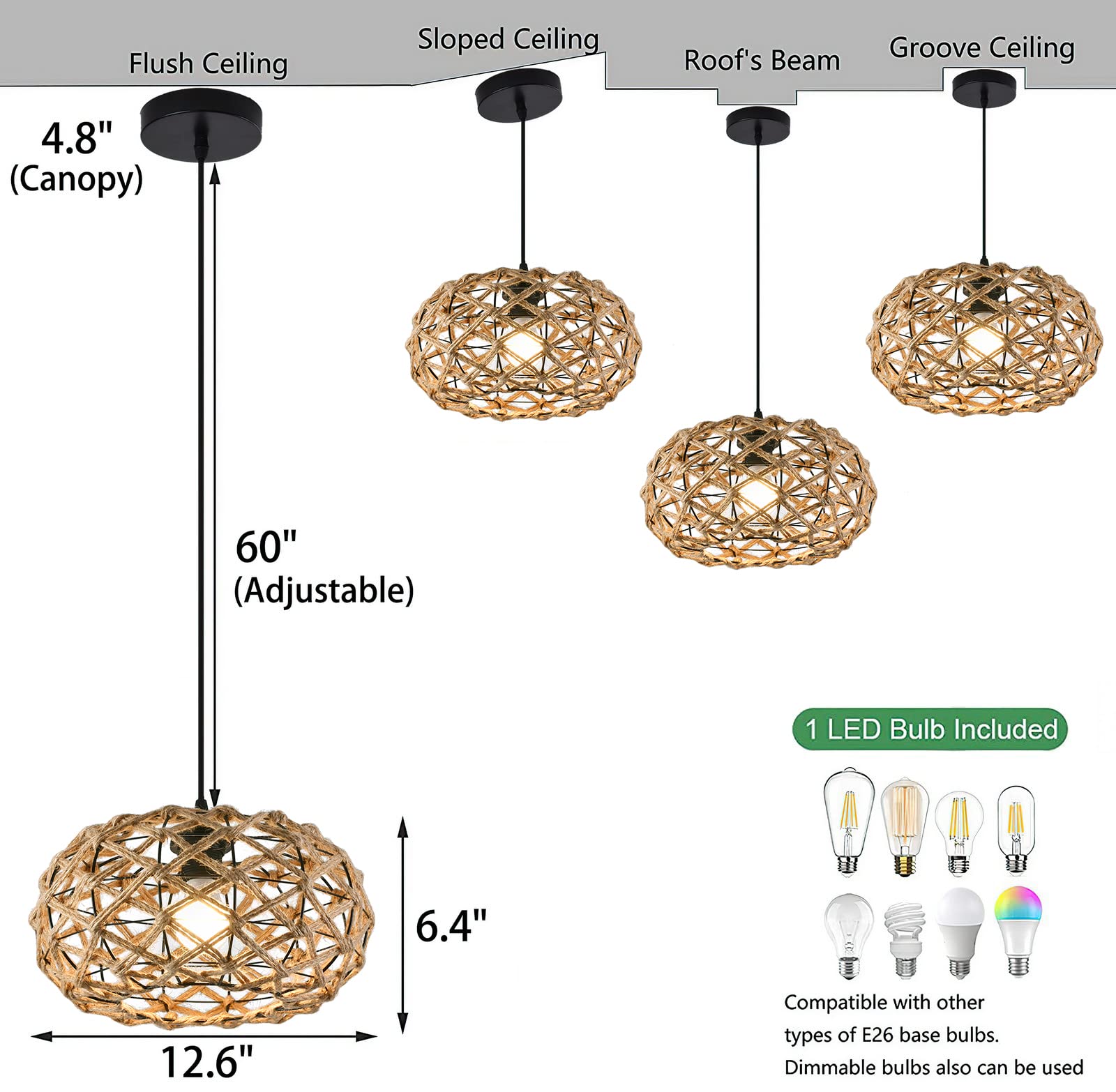 Woven Pendant Light Boho Chandelier Rustic Farmhouse Chandelier Hemp Rope Cage Basket Light Rattan Light Fixture for Dining Room Living Room Bedroom Kitchen Foyer(Bulb Included)