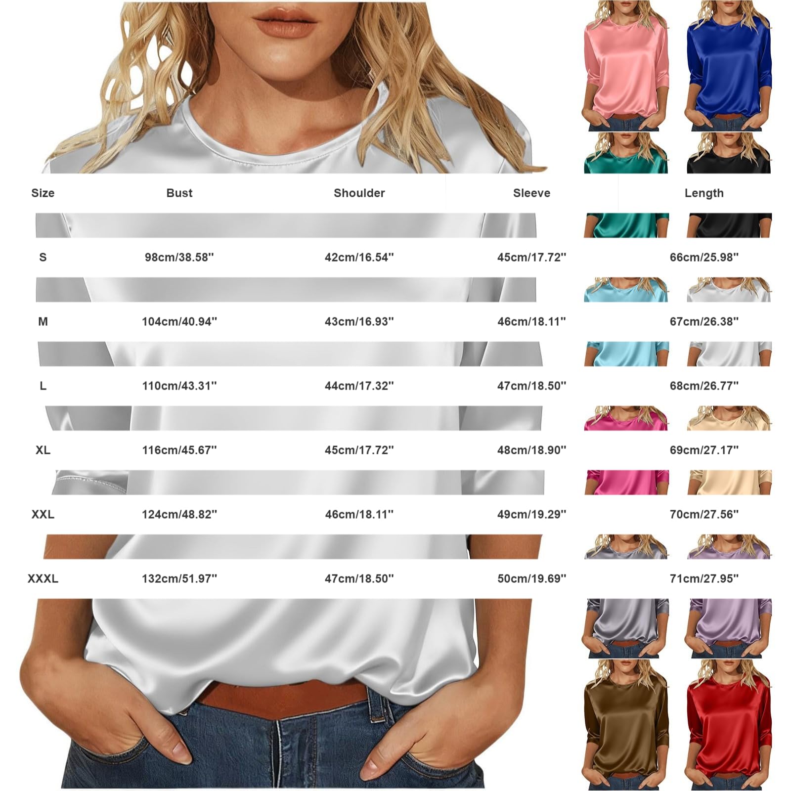 Generico Camiseta blanca básica para mujer con mangas de tres cuartos - Elegante Top de mujer de raso blanco T Shirt manga 3/4 de seda Top Cuello redondo Mangas Color sólido V Blusa Oversize Ligero