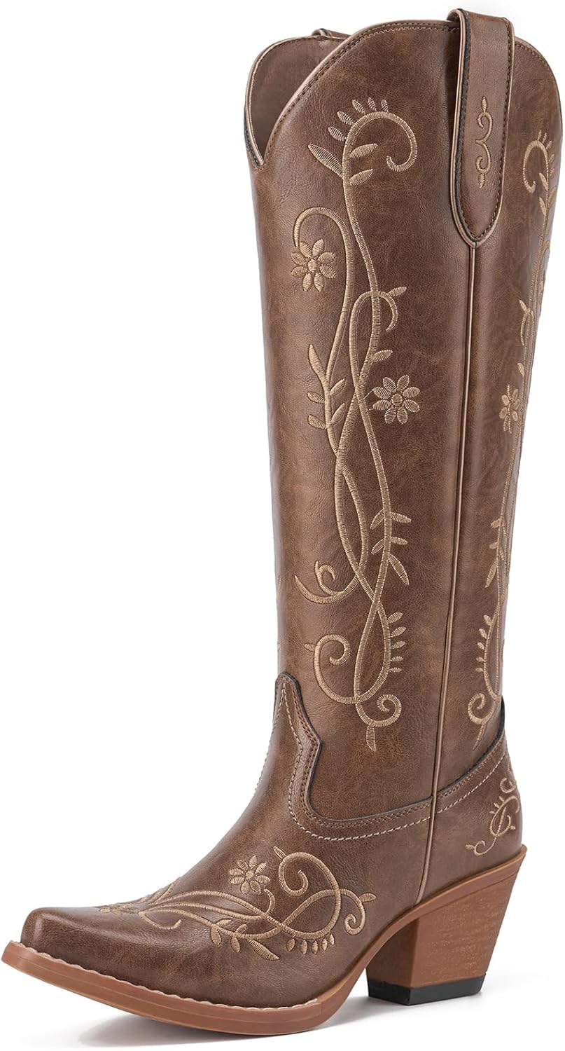 Rollda Cowboy Boots for Women, Knee High Cowgirl Boots, Ladies Tall Western Boots, Retro Vintage Cowgirl Boots with Side Zipper Snip Toe Chunky Heel