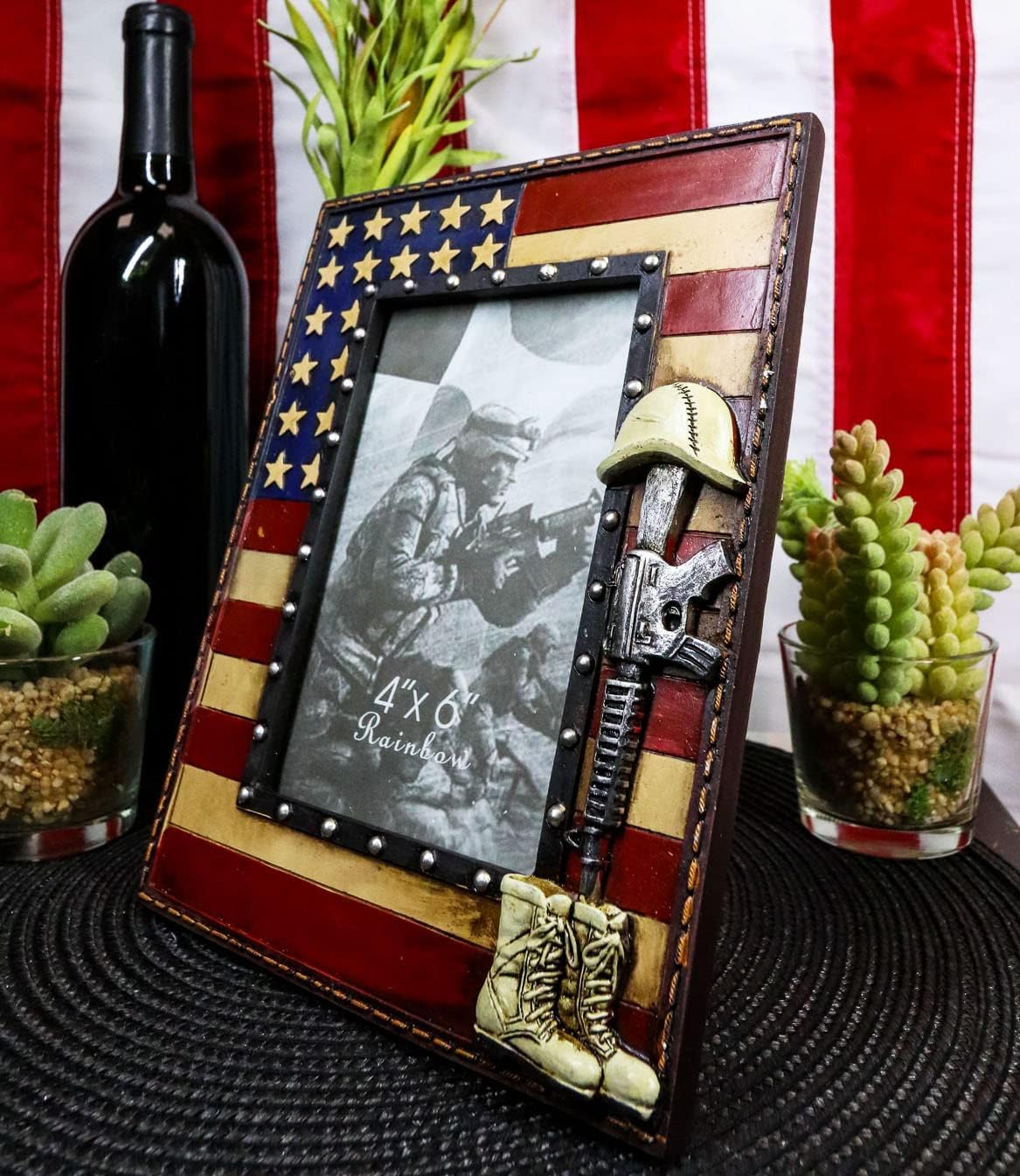 Ebros Rustic Patriotic Fallen Soldier Helmet Rifle And Boots United States of America Star Spangled Banner American Flag 4"X6" Picture Photo Frame Desktop Or Wall Hanging USA Themed Decorative Accent