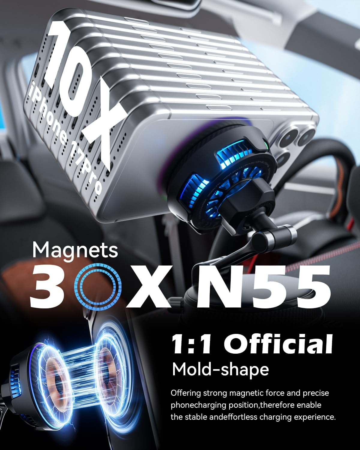 CloudValley Qi2.2 25W Cargador inalámbrico para Coche, Soporte magnético para móvil con Ventilador y Adaptador 45W, Ventosa giratoria 360°, Carga rápida, Compatible MagSafe iPhone 17/16/15/14