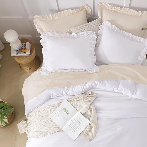 Miniatura 147 de Andency Juego de edredón beige tamaño King, 3 piezas estilo farmhouse shabby chic con volantes, ligero esponjoso suave de microfibra para todas