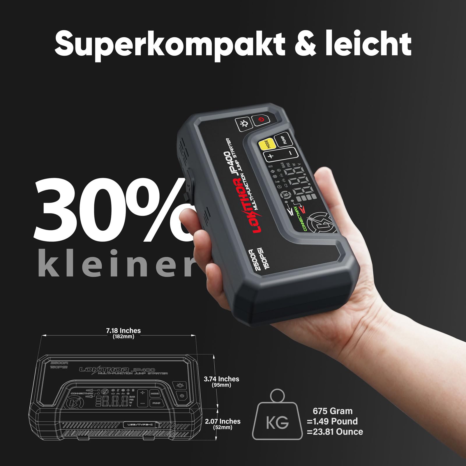 LOKITHOR JP400 Starthilfe Powerbank mit Kompressor, 2500A 12V Jump Starter tragbar für Pkw bis 8,5L Benzin / 6,5L Diesel, 150PSI Reifenfüller mit Auto-Stopp & ConnectMax Technologie