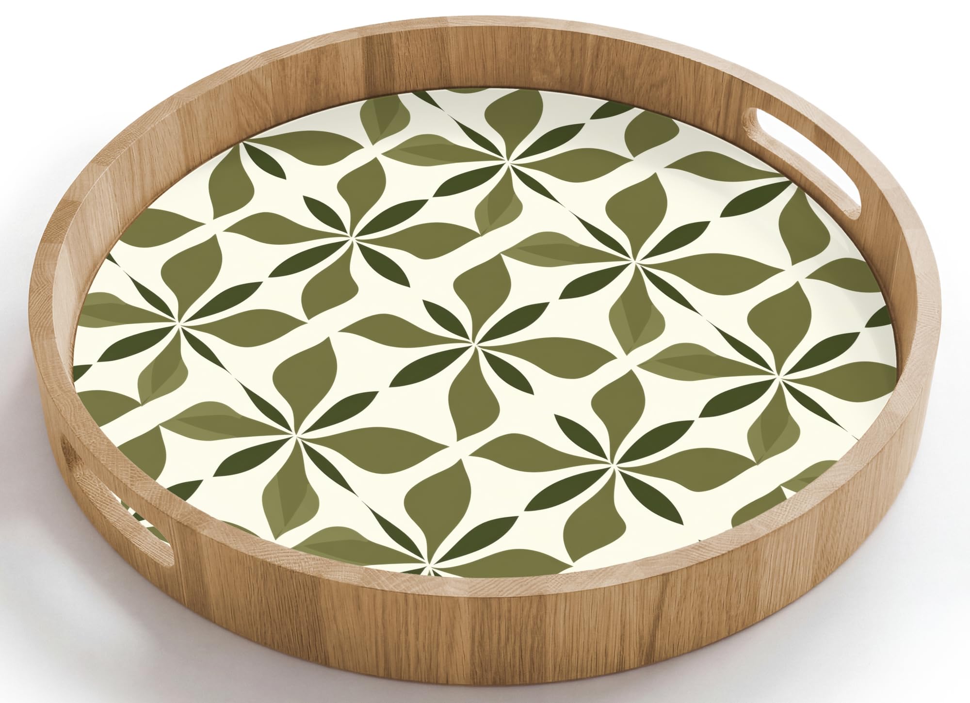 Bandeja Madera De Roble Redonda 40x40 cm Bandejas Desayuno para Servir Comida Cocina Resistente Al Calor Cafe Tray Tabuleiro Botánico - Retro - Verde