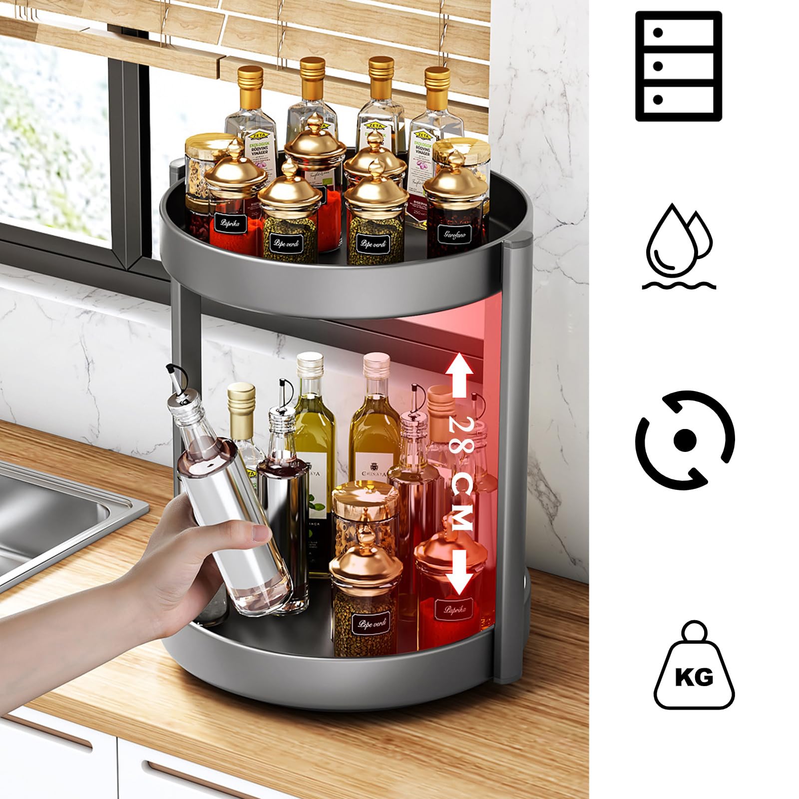 Porta Spezie per Cucina Organizer Girevole in Metallo Piatto Girevole Portaspezie 2 Livelli Organizer Sottolavello Deposito per il Bagno (Nero, 2Tiers)