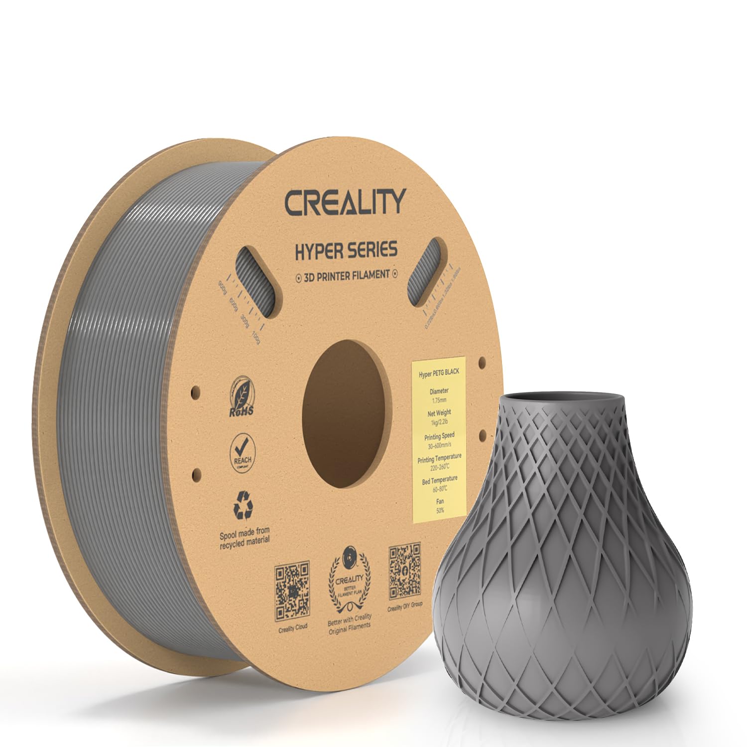 Creality Official Hyper PETG Filament 1.75mm, High Speed PETG 30-600mm/s 3D Printer Filament PETG, Dimensional Accuracy ± 0.03 mm, Fit Most 3D Printers, 1KG(2.2lbs) Spool Grey