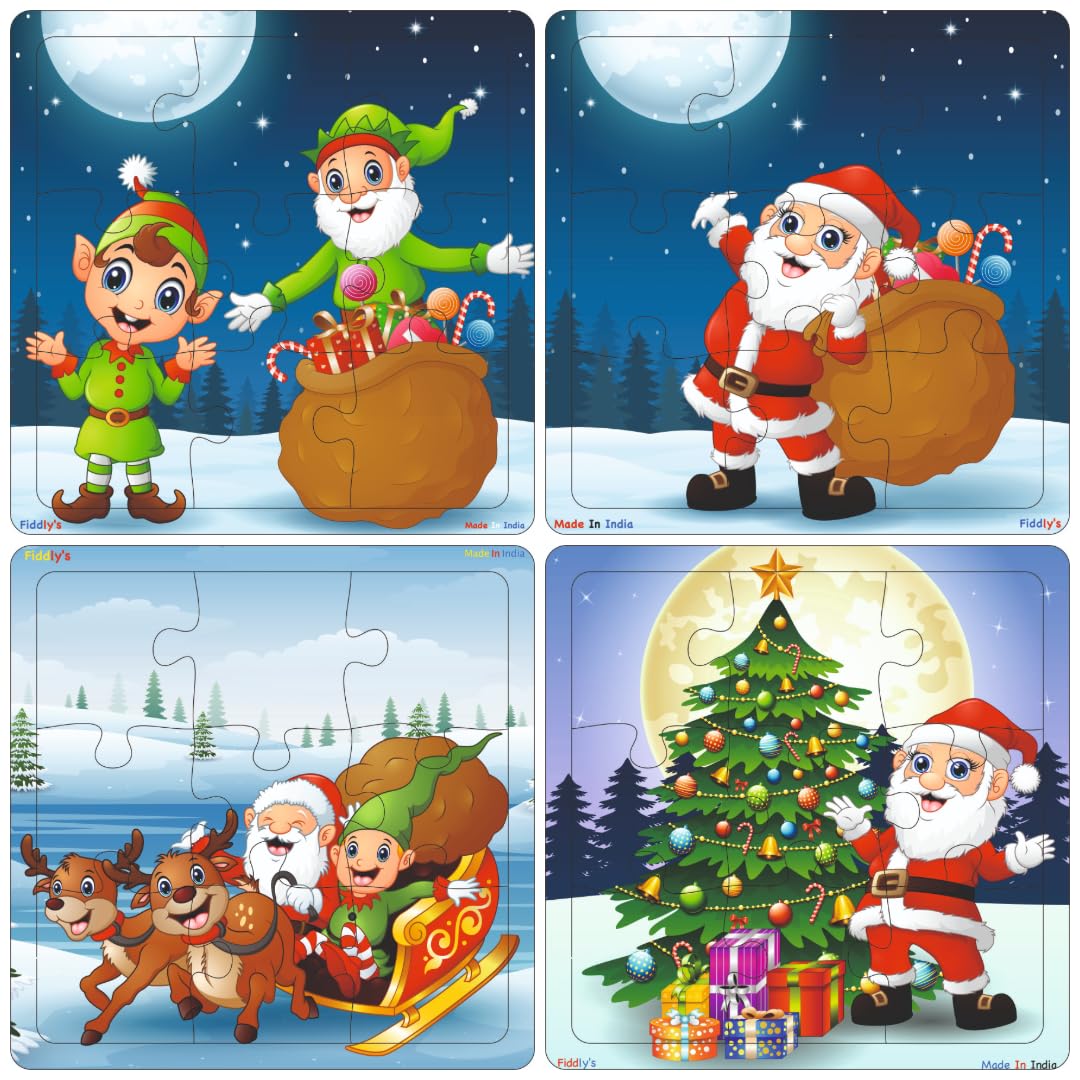 Fiddlys Wooden Jigsaw Puzzles for Kids & Children – 9 Pieces Each | Double Layered Puzzles with Bright Front & Back Print | Educational Toy for Boys & Girls Age 2 3 4 5 6 Year (Pack of 4 Christmas)
