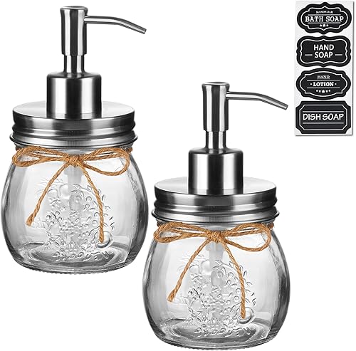 Amolliar Dispensador de jabón líquido en tarro Mason de 10 onzas, tapa de bomba de acero inoxidable, bonita decoración de granja para cocina, baño,