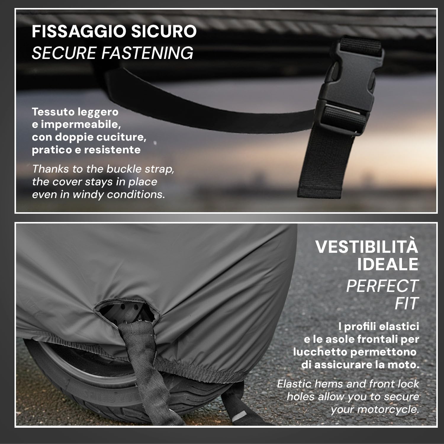 PERLETTI Telo Coprimoto Impermeabile Esterno Interno - Copertura Moto Scooter Universale Inserti Catarifrangenti - Protezione Raggi UV Pioggia Ghiaccio Polvere Fibbia Antivento (240x105x125cm)