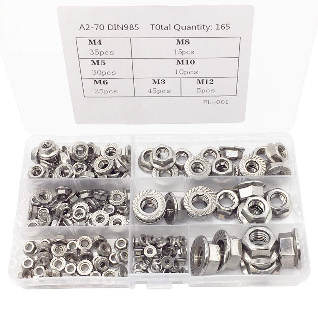165PCS Flange Nuts Nuts Kit 304 Stainless Steel Hex Flange Nuts Assortment Kit Serrated Flange Locknuts M3 M4 M5 M6 M8 M10 M12 (M3~M12/165PCS)