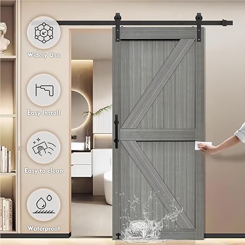 Miniatura 4 de SZ TOPHAND 54 pulgadas x 84 pulgadas Puerta de granero británico anudada de color gris claro con kit de herrajes para puerta corrediza de 10 pies