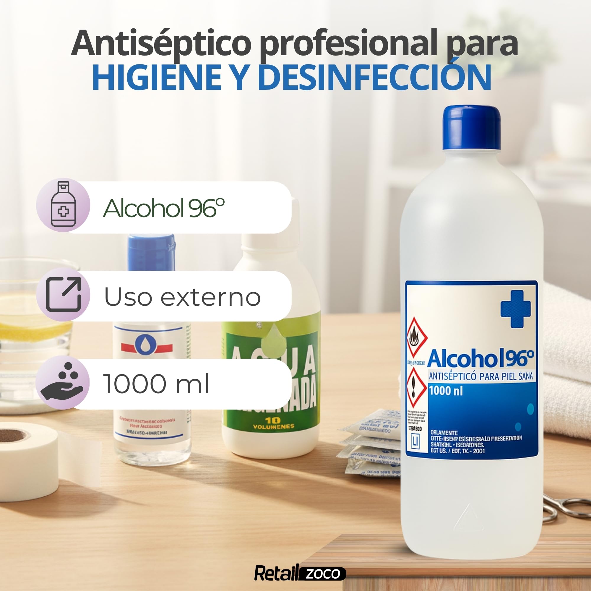 Alcohol 96º, Etanol 96, Alcohol etílico desinfectante manos antiséptico, Ethyl alcohol ethanol, Alcohol sanitario para heridas, Alcohol farmacia, Tapón seguridad, Concentración 96º, Contiene 1000 ml