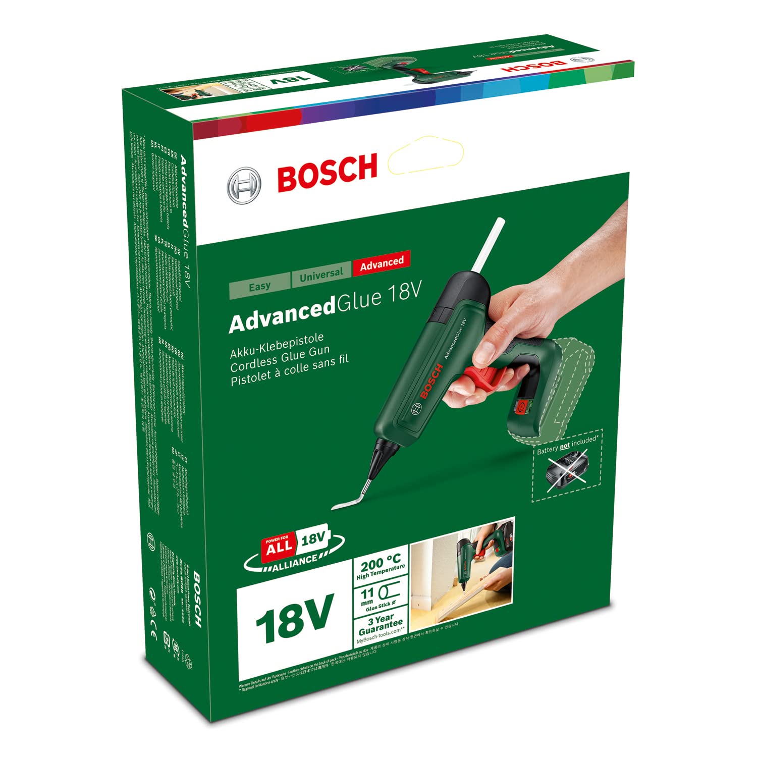 Bosch Akku-Klebepistole AdvancedGlue 18V (ohne Akku; 18V System; 4X Klebestifte; Aufheizen in 90 Sek Dual-Temp-Modus 130°C - 200°C im Karton)