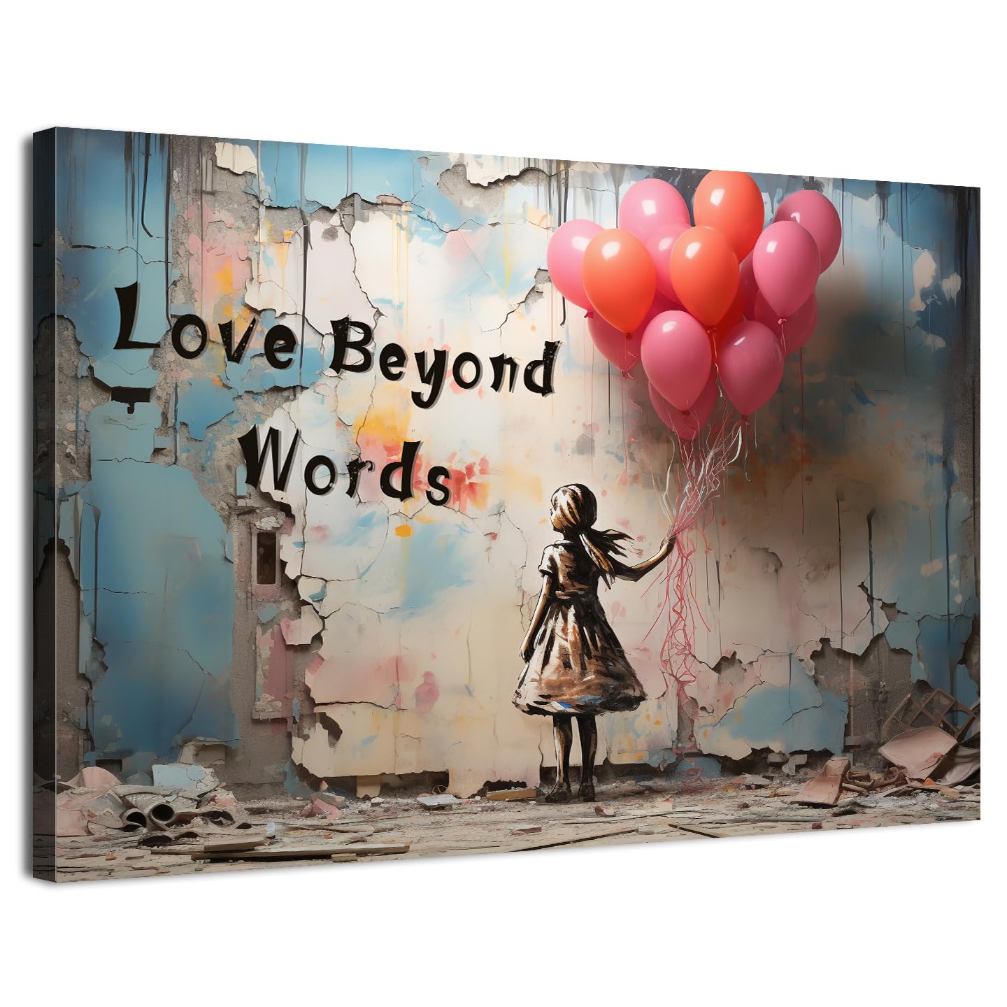 Banksy Canvas Wall Art for Living Room Abstract Little Girl with Pink Balloons Wall Pictures Love Beyond Words Inspirational Quotes Wall Art Graffiti Street Pop Art for Bedroom Home Decoration 30x40cm