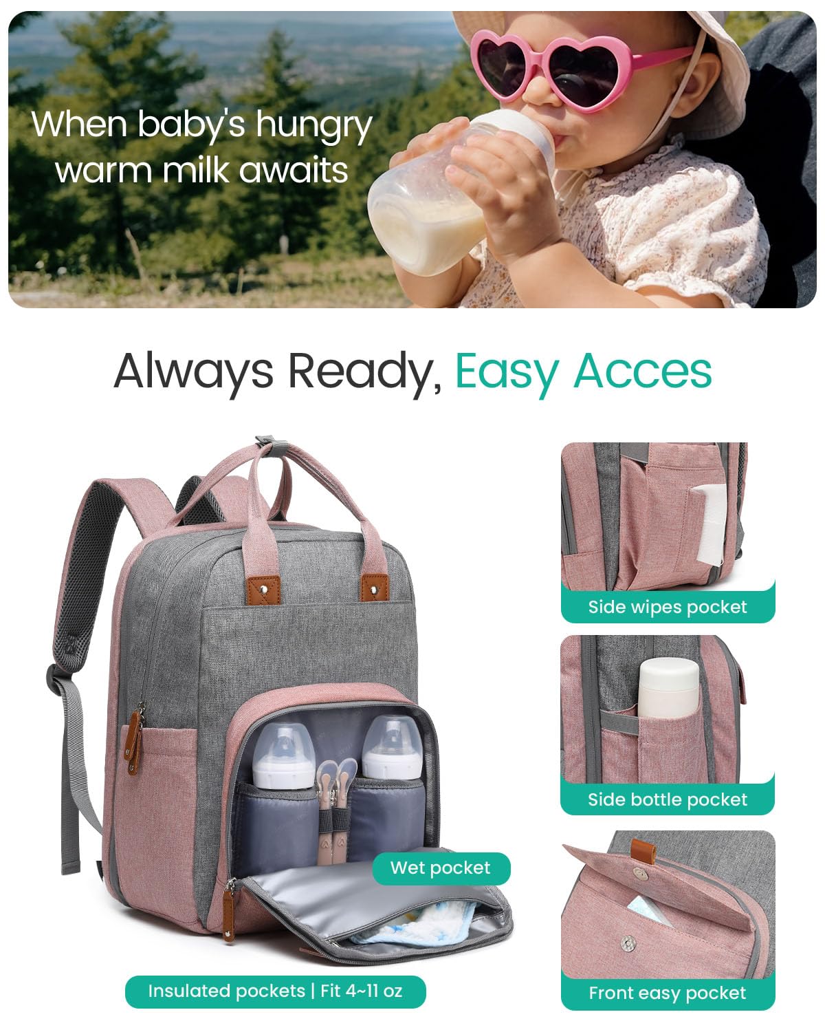 Extra Large Diaper Bag Backpack for Two Kids Twins - Expandable Baby Bag (26-36L), Dual Big Compartments - Includes Changing Pad & Stroller Straps, Unisex Pink Grey - Image 6