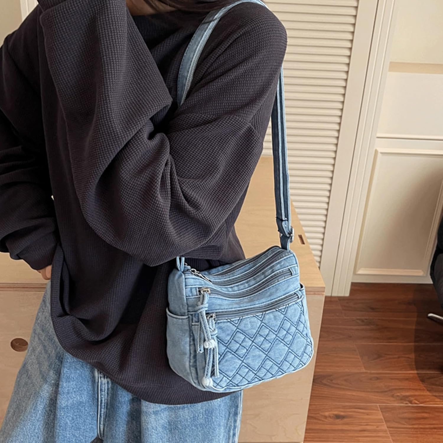 Denim Purse Quilted Slouchy Shoulder Bag with Multi Pockets Minimalist Jean Casual Square Crossbody Handbag - Image 2