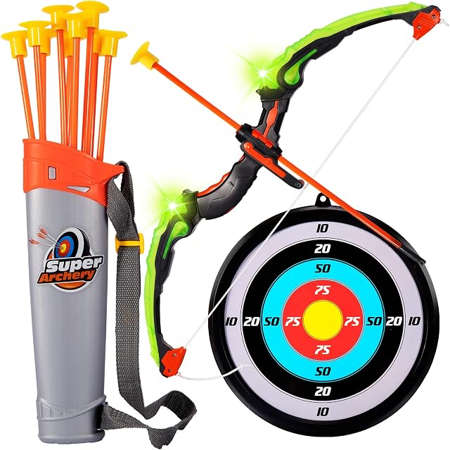 HYAKIDS Bow and Arrow Set Kids, with LED Lights, Archery Toy Set with 10 Suction Cups Arrows, Bow, Targets and Strapped Shoulder Quiver, Indoor Oudoor Shooting Game for Boys Girls