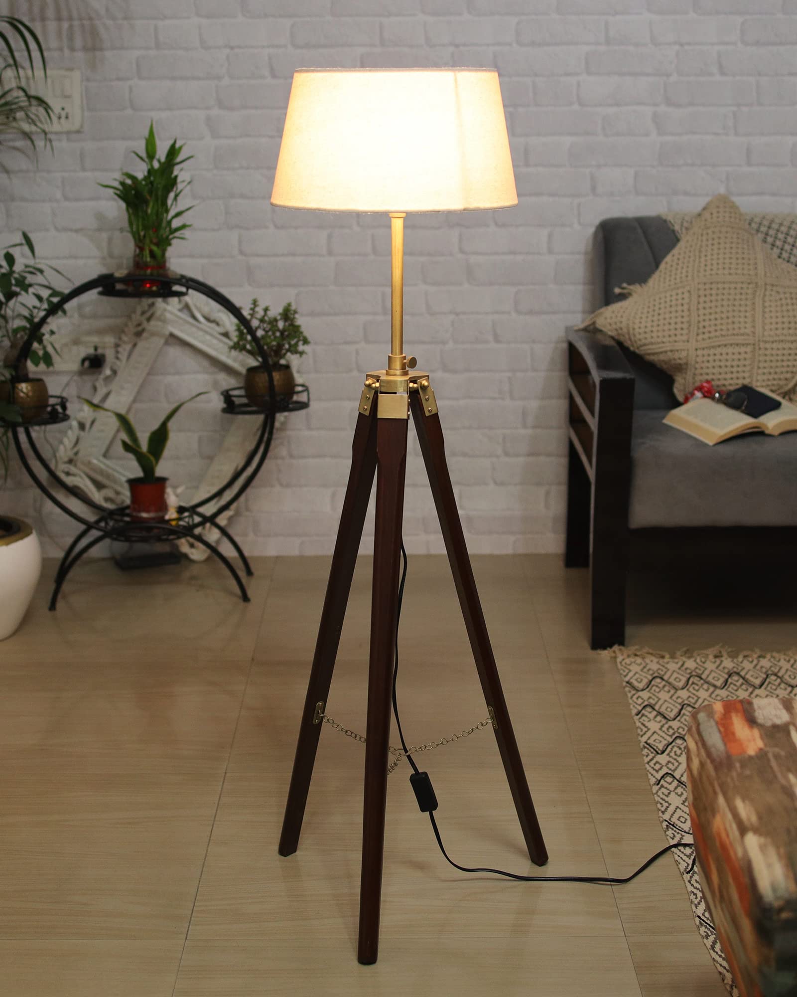 Homesake Tripod Floor Lamp with Shade Wooden, Brass Finish Industrial Nautical Marine Decorative Lamp (Beige)-image-23