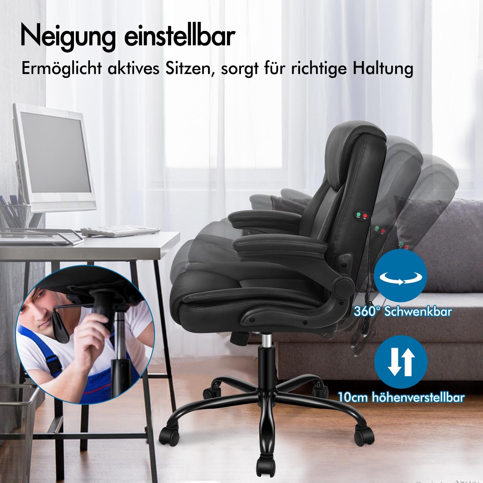 ALFORDSON Ergonomischer Bürostuhl Chefsessel Massage, höhenverstellbarer Schreibtischstuhl Armlehnen, Computerstuhl Wippfunktion 90°-135°, Drehstuhl mit Rollen,Besprechungsstuhl Pu Leder, Schwarz