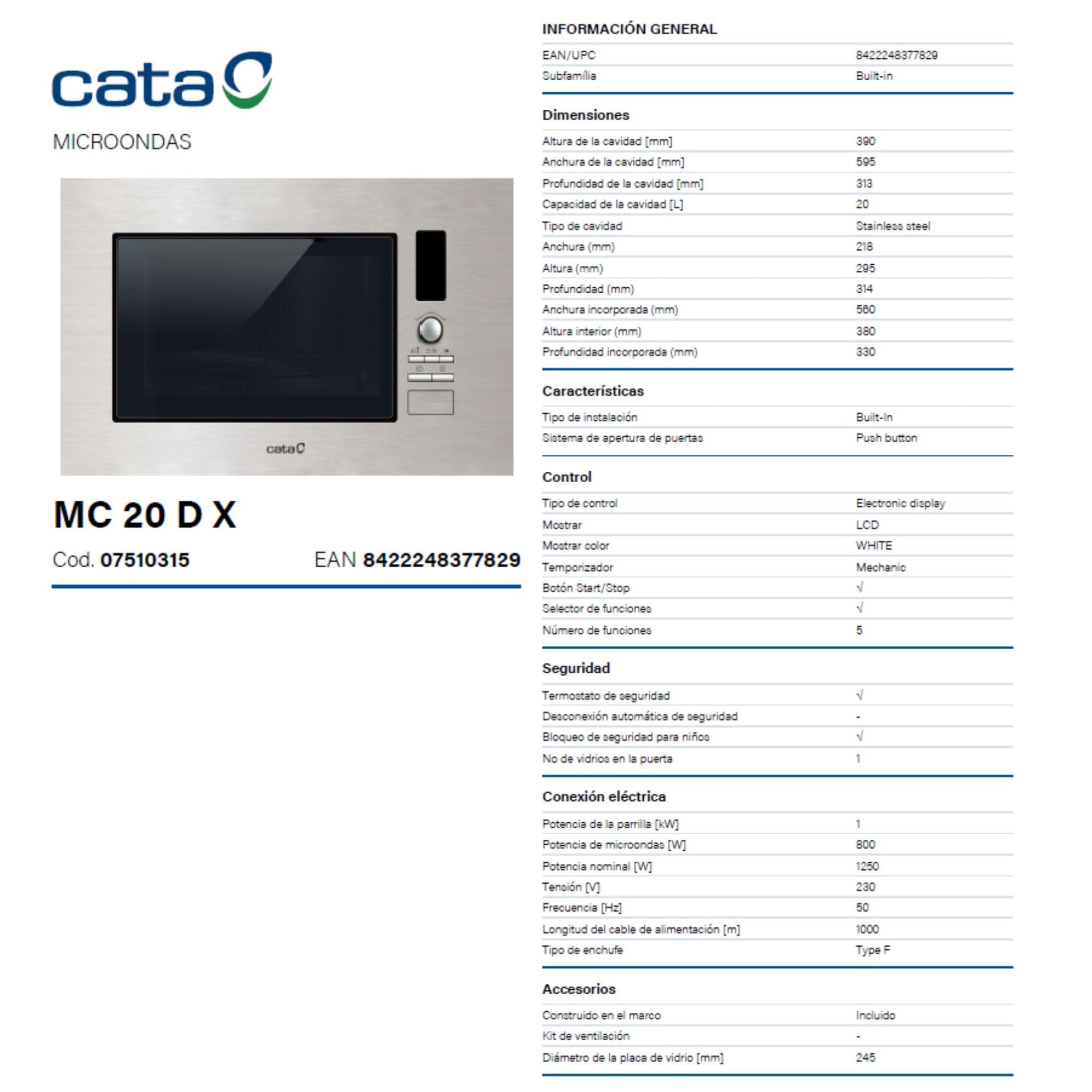 Cata MC 20 D X - Microonde da incasso, 20 litri, 60 cm, grill, 7 livelli di potenza, in acciaio inox, grigio