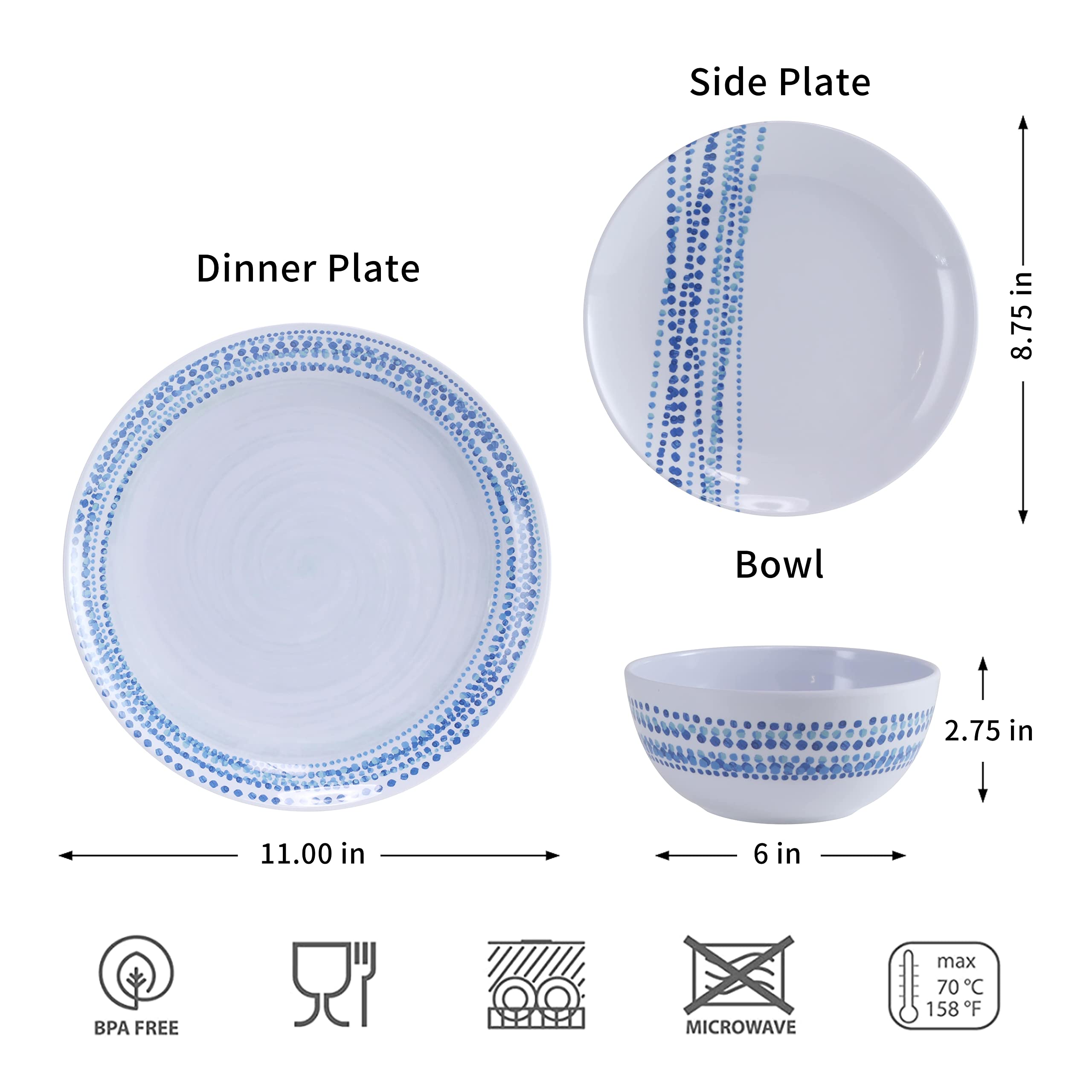 Melamin-Geschirr-Sets, Teller und Schüssel-Sets, Geschirrset für 4, Outdoor-Geschirr-Sets, Camping-Geschirr, unzerbrechlich, spülmaschinenfest, BPA-frei (Regentropfen)