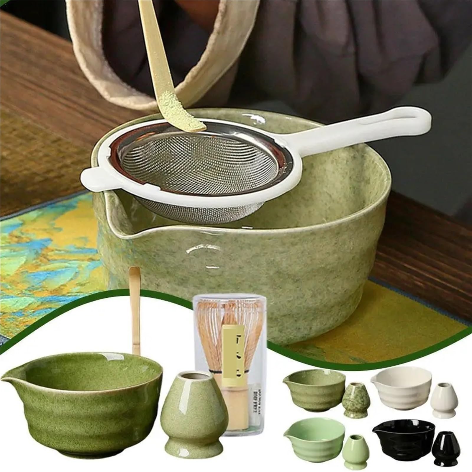 Matcha Tee Set 4 Teile/satz Keramik Matcha Box Tee-Set Mit Schneebesen Und Schüssel Prächtige Grinder Pinsel(A)