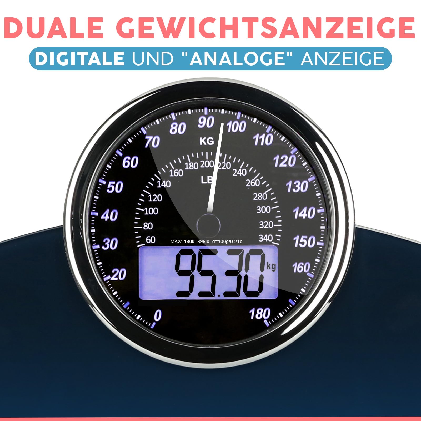 Hybrid Personenwaage - Analog & Digital, Präzise bis 180 kg | Gewicht auf Analogzifferblatt und LCD ablesen. Breite Glasplattform, 3 AAA Batterien inklusive, sofort einsatzbereit.