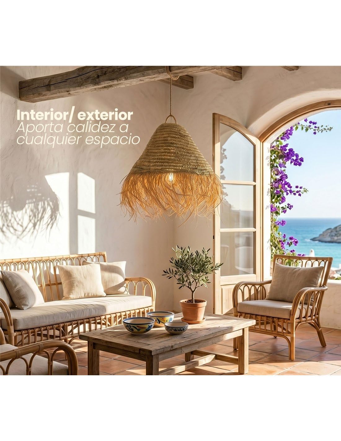JARDIN202 - Pantalla para Lámpara de Rafia con Flecos Mikonos| | Estilo Mediterráneo | Interior y Porche Techado | (Grande)