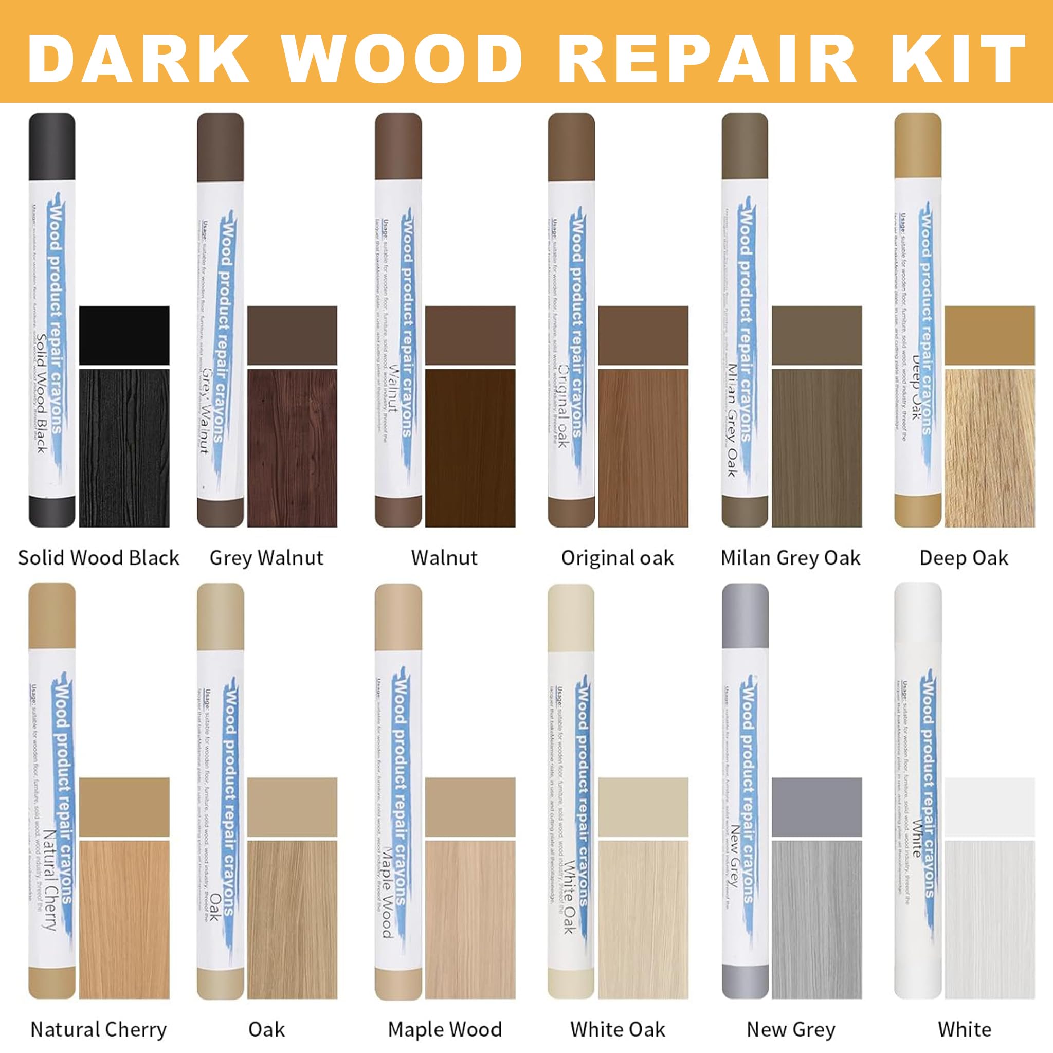 Kit di Riparazione Laminate 13 Pezzi, Kit di Riparazione parquet e Vinile con Stucco per Legno e Penna in Cera Dura Calda per Riparare i Danni ai Pavimenti in Legno