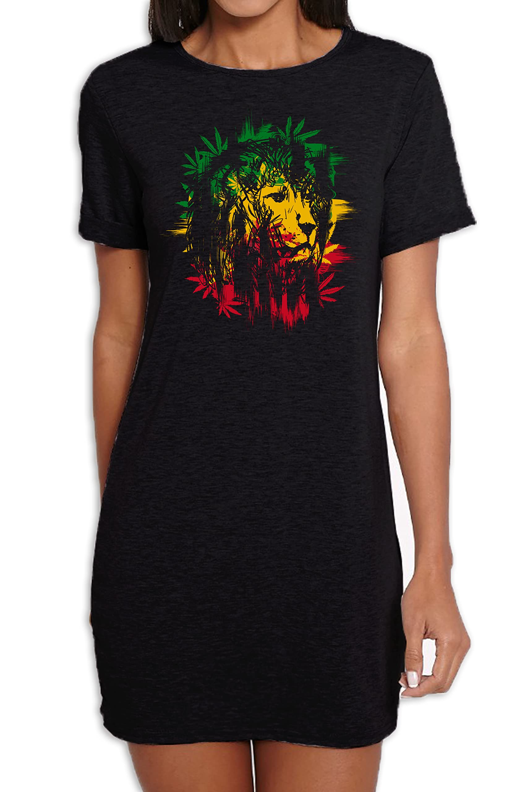 Lion of Judah Cannabis Leaves Reggae Rasta Womens T-Shirt Dress (XL, Black)