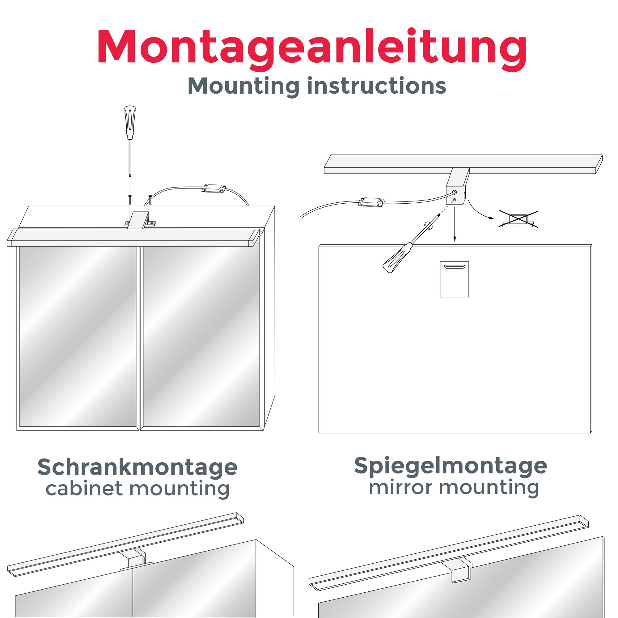 B.K.Licht - Lampa łazienkowa z montażem 2 w 1, neutralna biała barwa światła, zaciskowa, lampa łazienkowa, oświetlenie szafy, lustro, 60 x 10,3 x 3,6 cm, czarna
