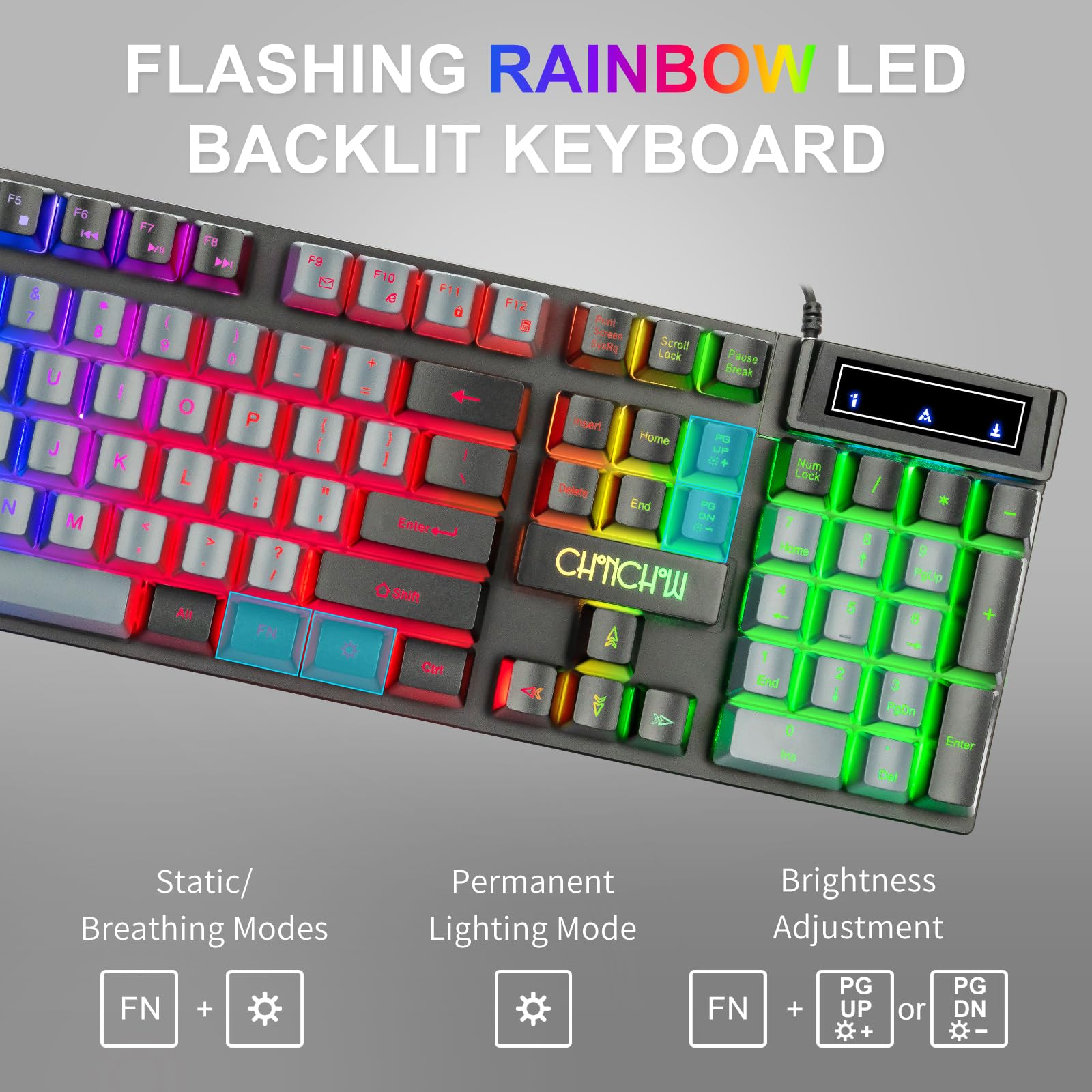 CHONCHOW Tastiera e mouse da gioco 1913 Rainbow LED retroilluminato meccanico anti-ghosting tastiera cablata + mouse 4D 3600DPI per PC, laptop, serie di giochi PS4/PS5
