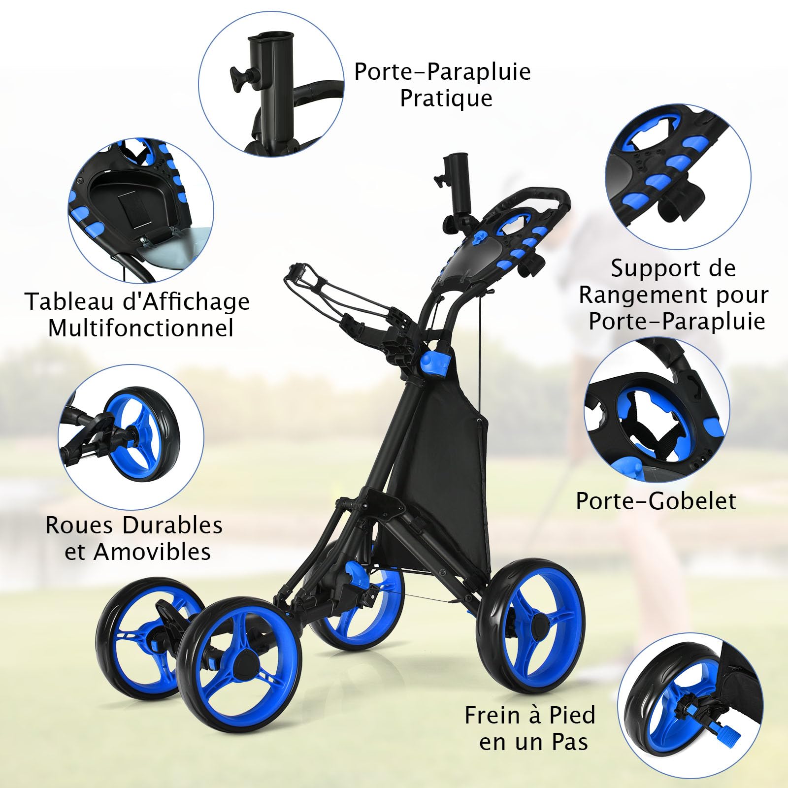 COSTWAY Chariot de Golf Pliable à Pousser ou à Tirer à 4 Roues, Chariot de Golf Léger avec Sac Imperméable et Frein à Pied Porte-Parapluie Réglable Poignée Réglable