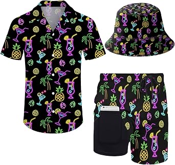 Mens 2 Piece Tracksuit Neon Shirt and Short Sets,80s Outfit Button Down Shirts and Shorts Sets with Bucket Hats