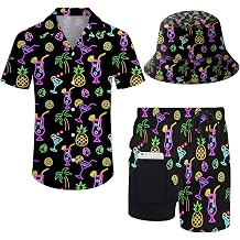 Mens 2 Piece Tracksuit Neon Shirt and Short Sets,80s Outfit Button Down Shirts and Shorts Sets with Bucket Hats