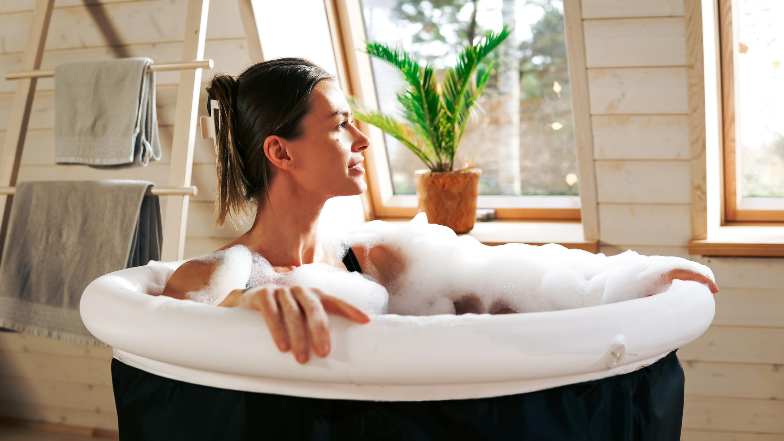 Baño de hielo de 75 cm de diámetro, bañera plegable hinchable, bañera de asiento para exteriores para adultos para jardín o ducha, bañera móvil de plástico, bañera de plástico, color negro