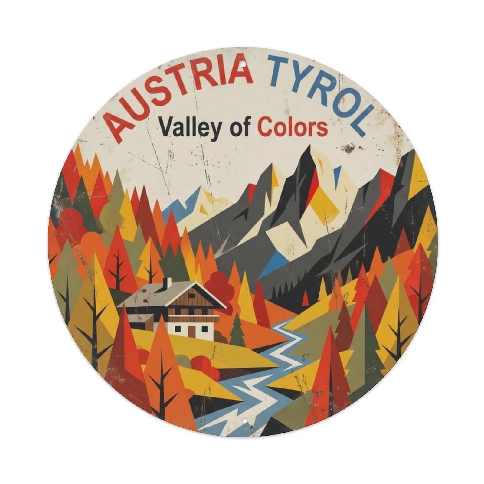 Vintage Travel Austria Tyrol Mountain Valley Metal Tin Sign Plaque Wall Decor for Cafe, Club Bar, Office, Home Garden Round Metal Poster 8x8Inch