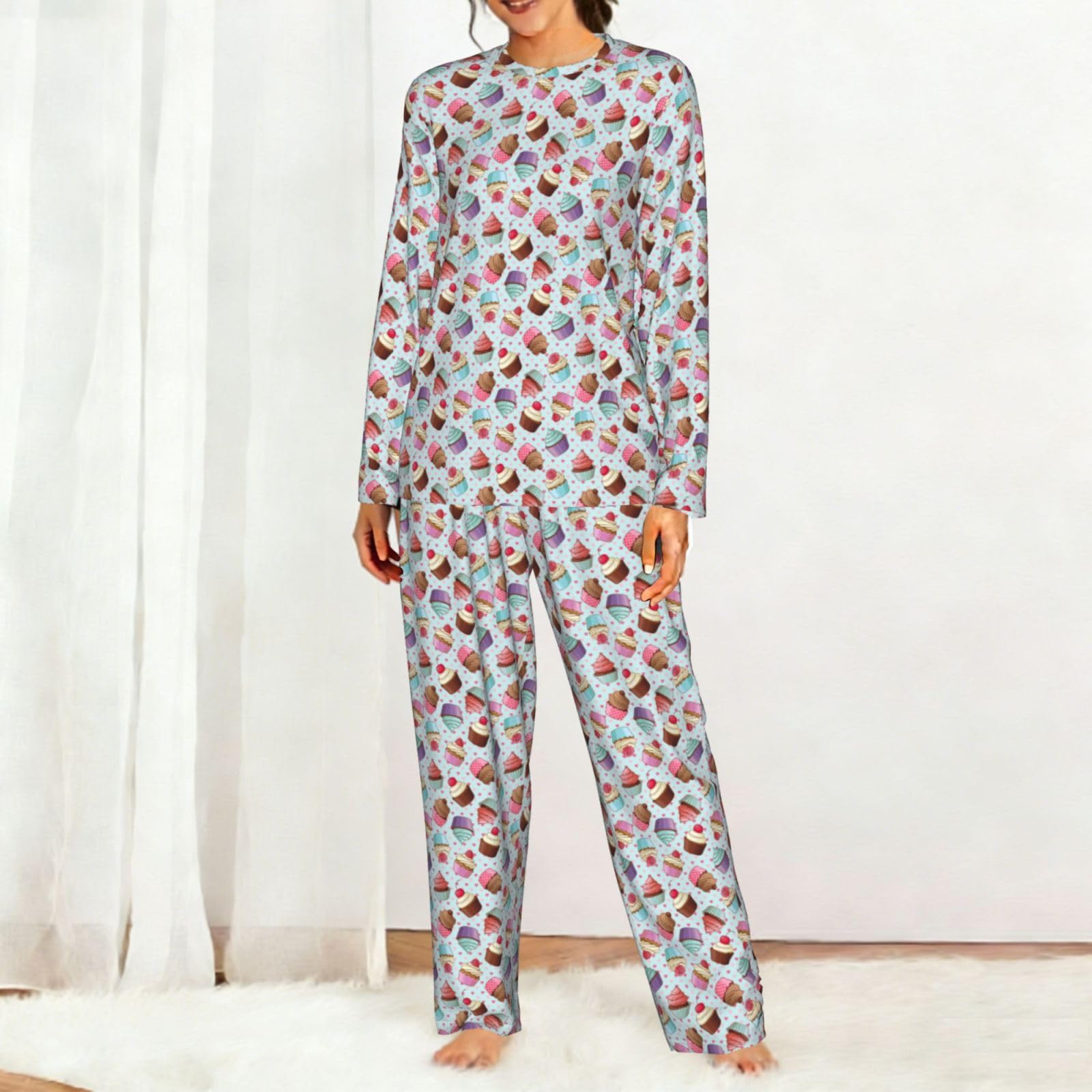 Pigiama da donna a maniche lunghe con stampa a cupcake morbido elastico coulisse casual Daywear