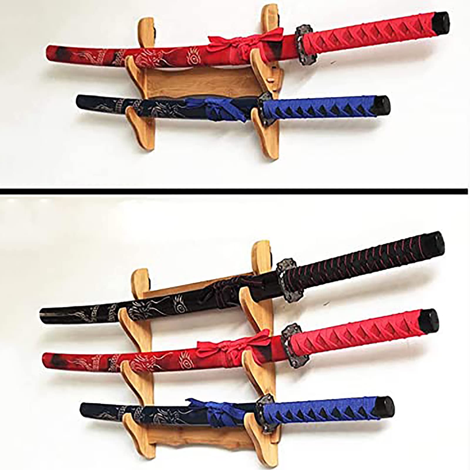 Wandmontiertes Schwertregal – Bambus-Schwerthalterung für Angeln, Flöte, Katana – Aufbewahrung für kalte Waffen – inklusive perforiertem Messerhalter (Holzfarbe) Sport & Freizeit
