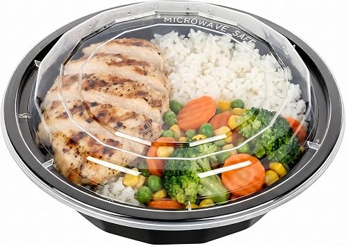 Restaurantware Asporto 16 Ounce To Go Boxes 100 Microwavable Take Out Food Containers - Clear Plastic Lids Included Do Not Contain BPA Black Plastic Catering Food Containers Disposable Round