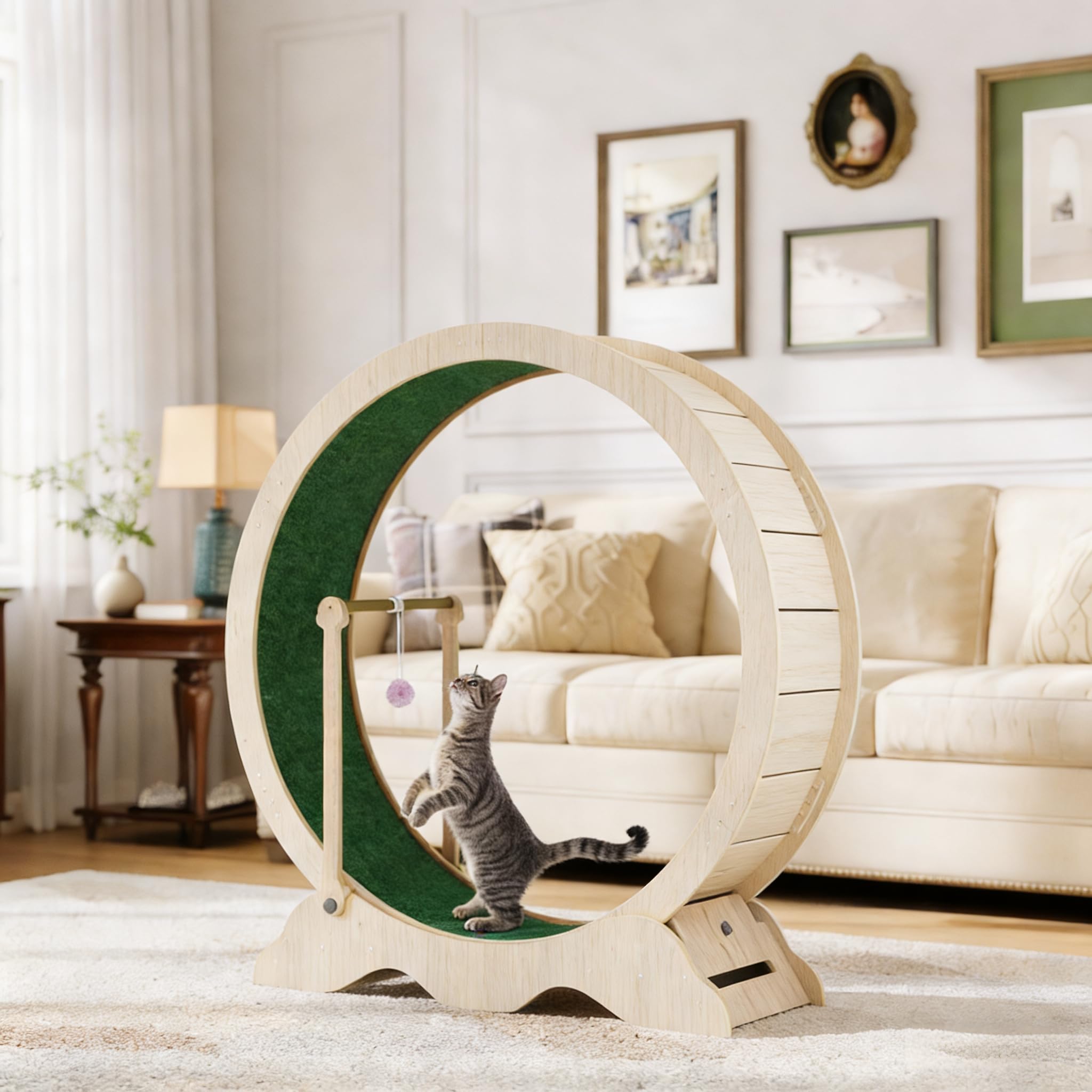 Cat Exercise Wheel,43.3"/110cm Large Silent Cat Treadmill Wheel with Detachable Carpet and Teaser for Indoor Cats,Safe Solid Wood Cat Running Wheel for Running/Walking/Training