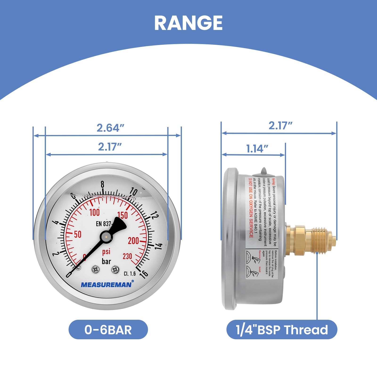 Manomètre, Manomètre Glycérine 2,5 pouces, 0-16 bar, boîtier en acier inoxydable 304, raccord arrière 1/4" BSP