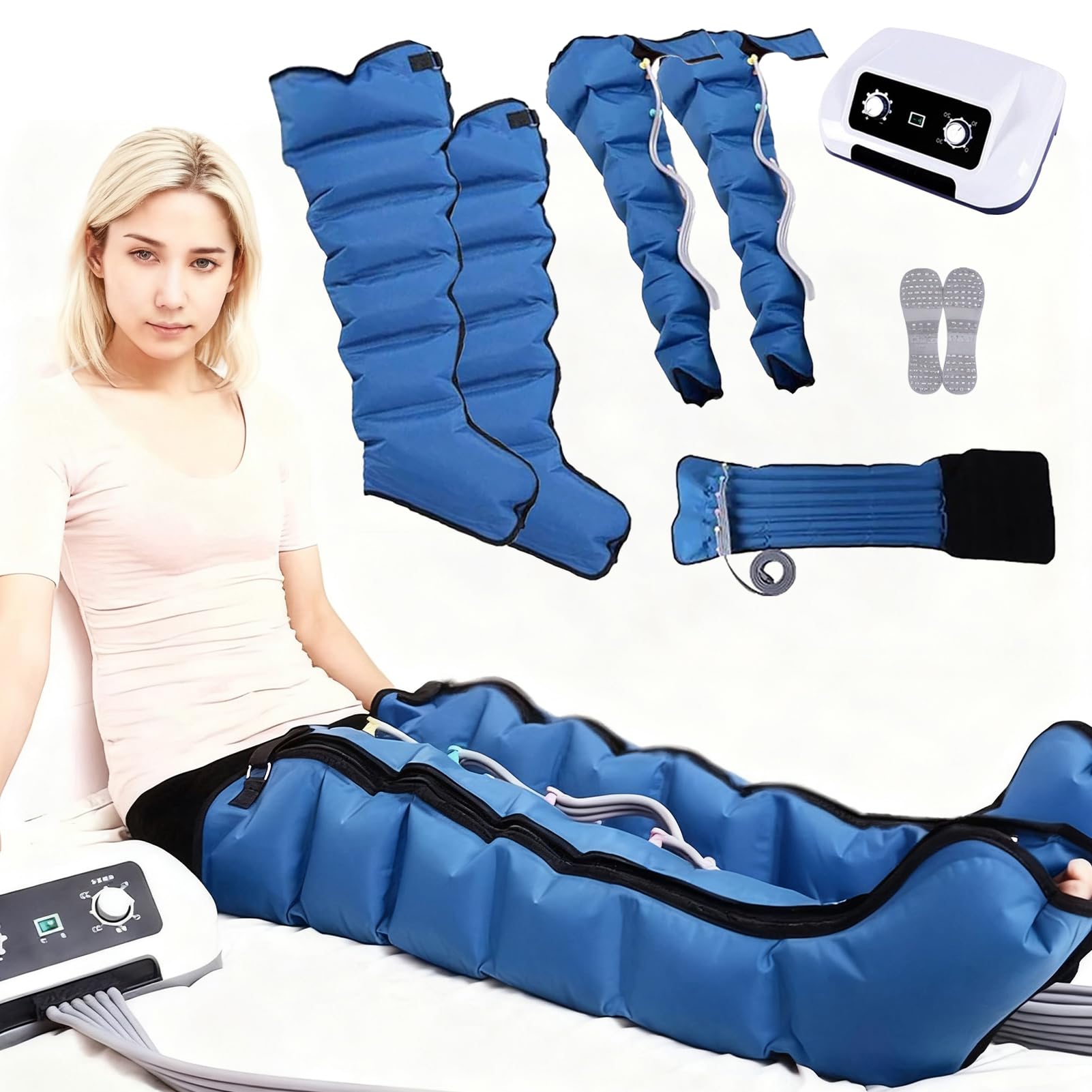 Presoterapia Piernas y Abdomen, Maquina De Presoterapia Para Casa | 6 Cavidades, Drenaje Linfático Circulación, 0-30 Min Ajustable, 0-240 mmHg Ajustable