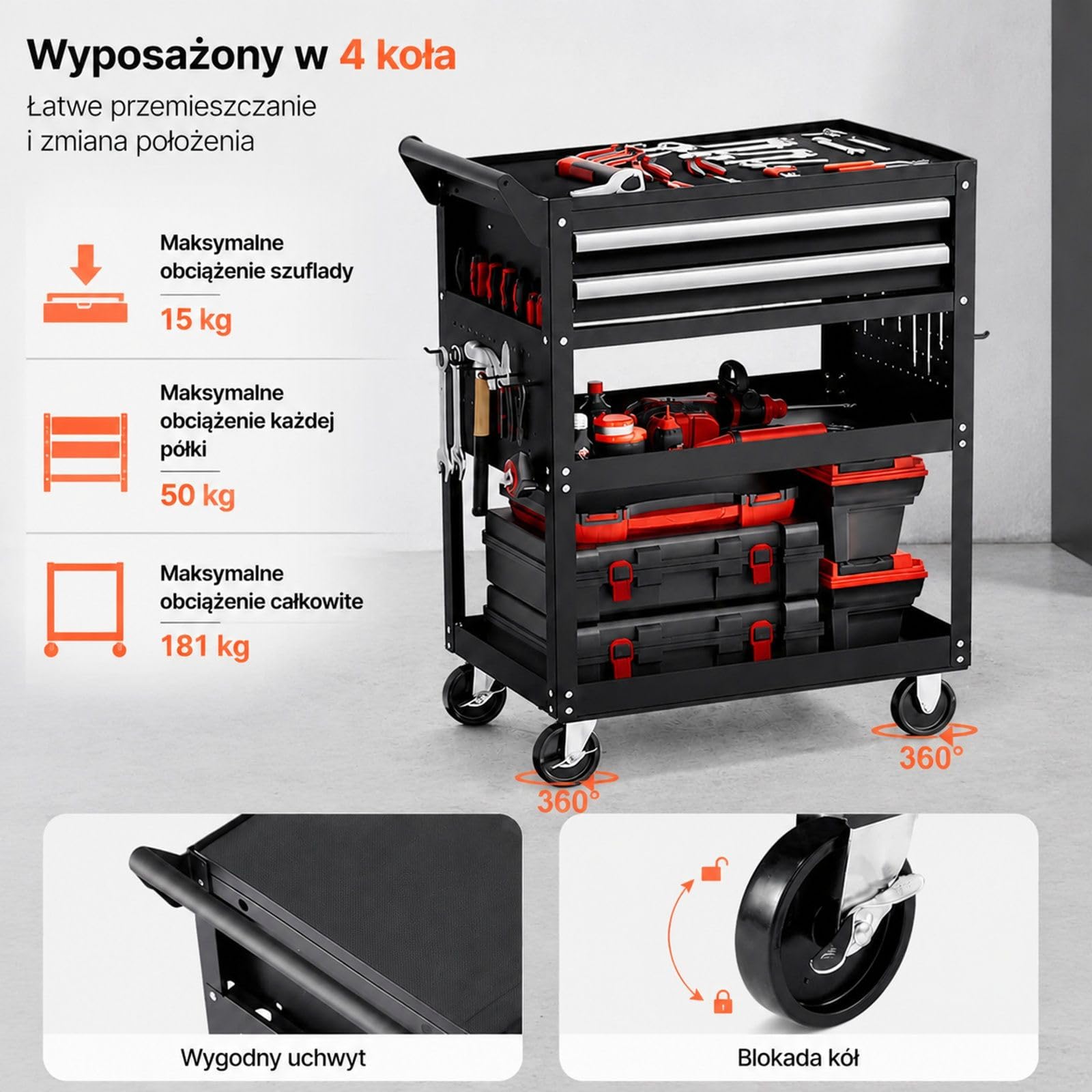 Wózek narzędziowy czarny do warsztatu i transportu