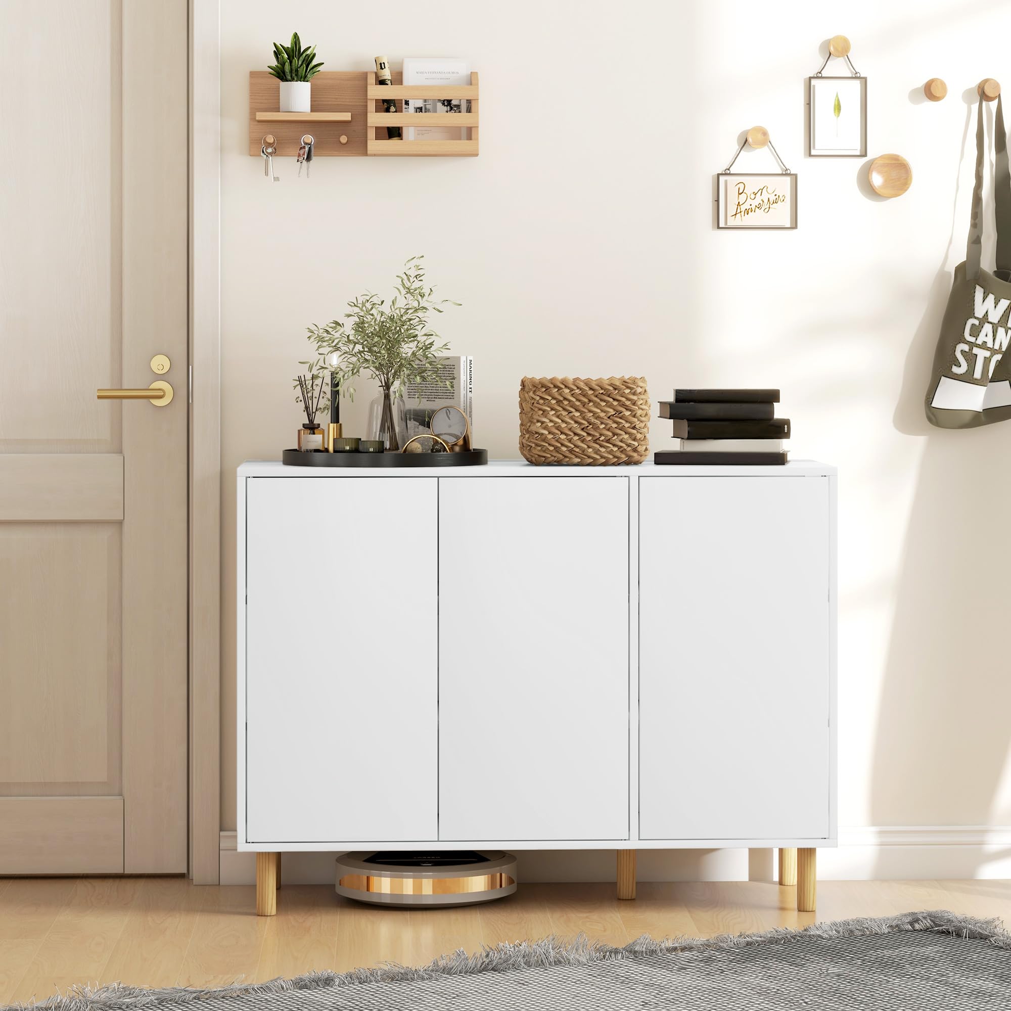 HOMCOM Credenza Moderna con 2 Armadietti a 3 Ripiani, Mobile Multiuso in Legno, 107x40x80 cm, Bianco