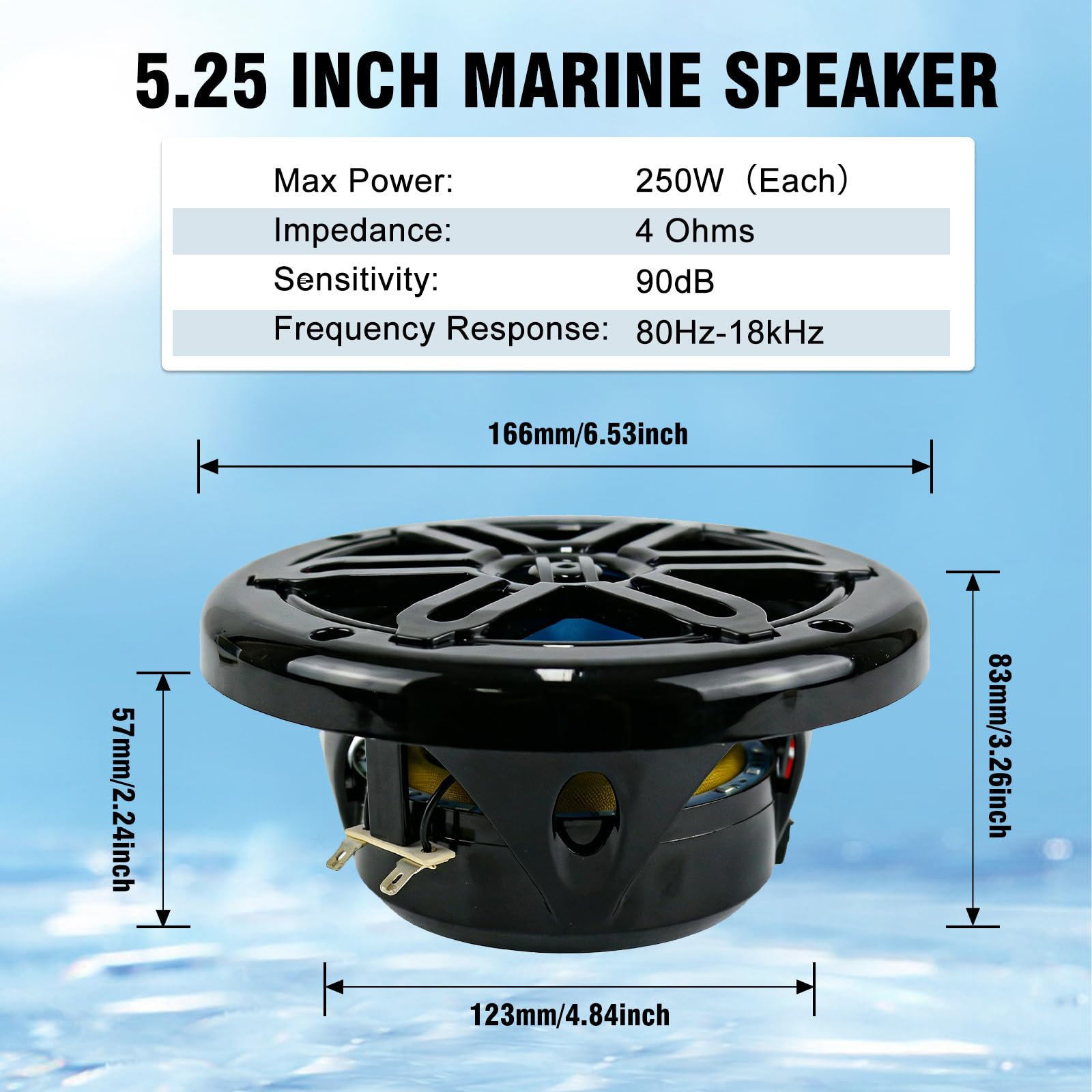 Herdio 5.25" 250W Marine Speakers - IP66 Waterproof Coaxial Audio, with Blue LED Light for Boats, ATVs, UTVs with UV Resistant Black Grille (A Pair)